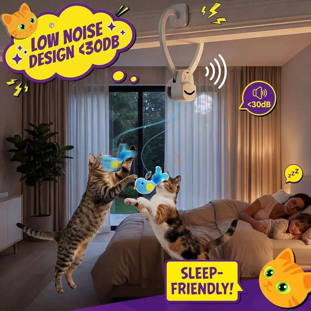 Interactive Cat Toys Indoor Cats: Automatic Lying Bird Wand Chase Exercise Enrichment Stimulation, USB Rechargeable Durable Safe - Barking & Purrfectly Happy