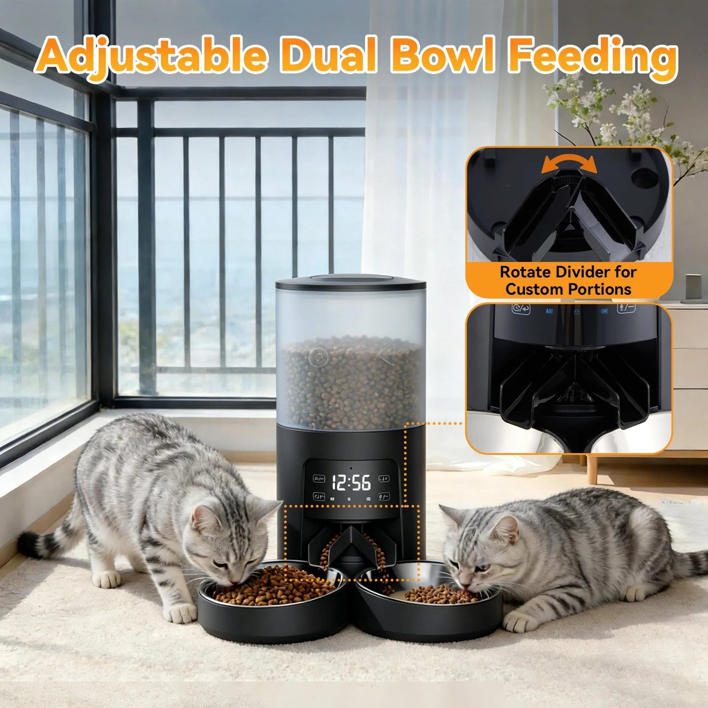 JHK 6L Automatic Cat Feeder with 2 Stainless Bowls Timed Cat Food Dispenser Dual Power Supply Dual Pet Feeder for Cat and Dog - Barking & Purrfectly Happy