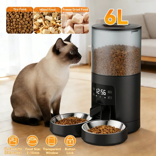 JHK 6L Automatic Cat Feeder with 2 Stainless Bowls Timed Cat Food Dispenser Dual Power Supply Dual Pet Feeder for Cat and Dog - Barking & Purrfectly Happy