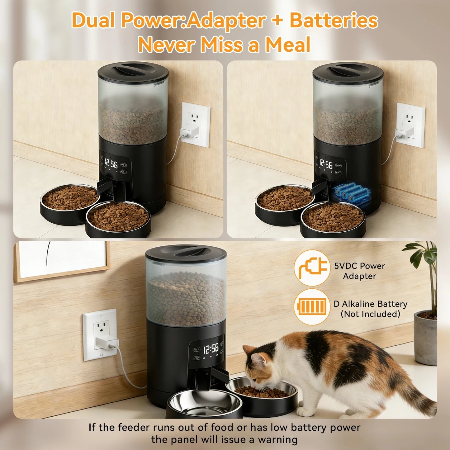 JHK 6L Automatic Cat Feeder with 2 Stainless Bowls Timed Cat Food Dispenser Dual Power Supply Dual Pet Feeder for Cat and Dog - Barking & Purrfectly Happy
