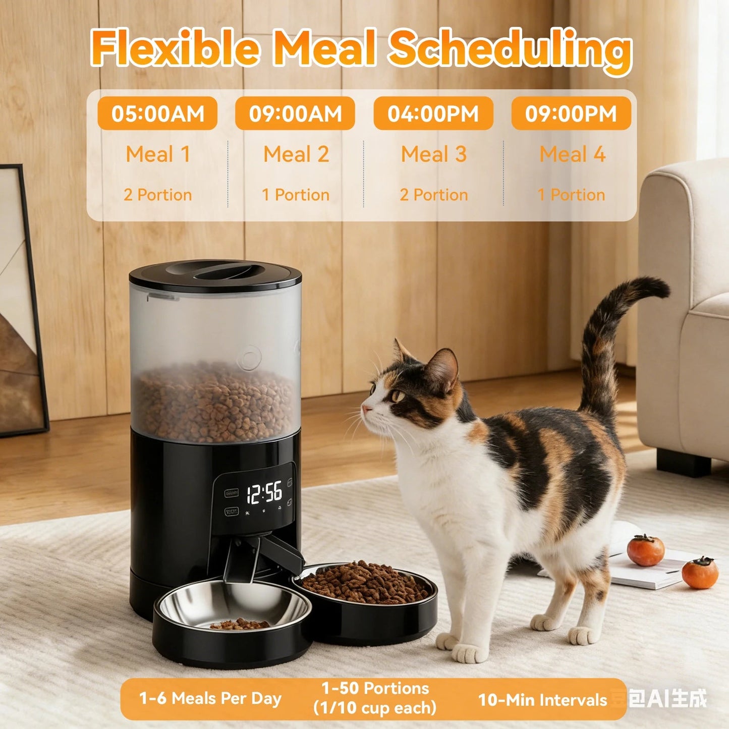 JHK 6L Automatic Cat Feeder with 2 Stainless Bowls Timed Cat Food Dispenser Dual Power Supply Dual Pet Feeder for Cat and Dog - Barking & Purrfectly Happy