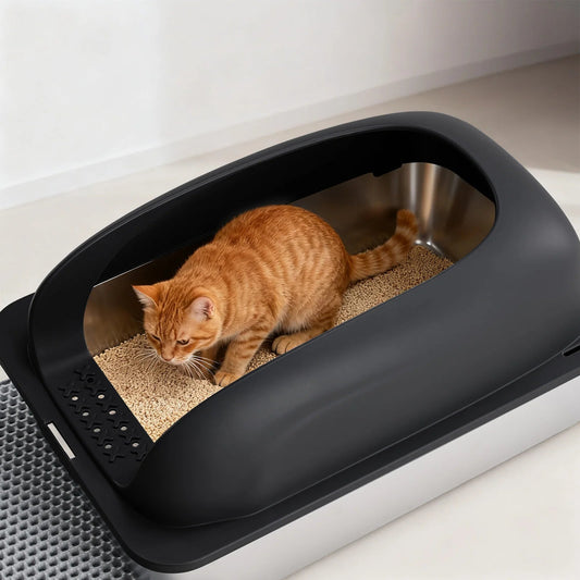 JHK Stainless 24IN Steel Cat Litter Box with Lid Large Cat Litter Box for Big Cats Anti-Urine Leakage Scoop and Mat Included - Barking & Purrfectly Happy