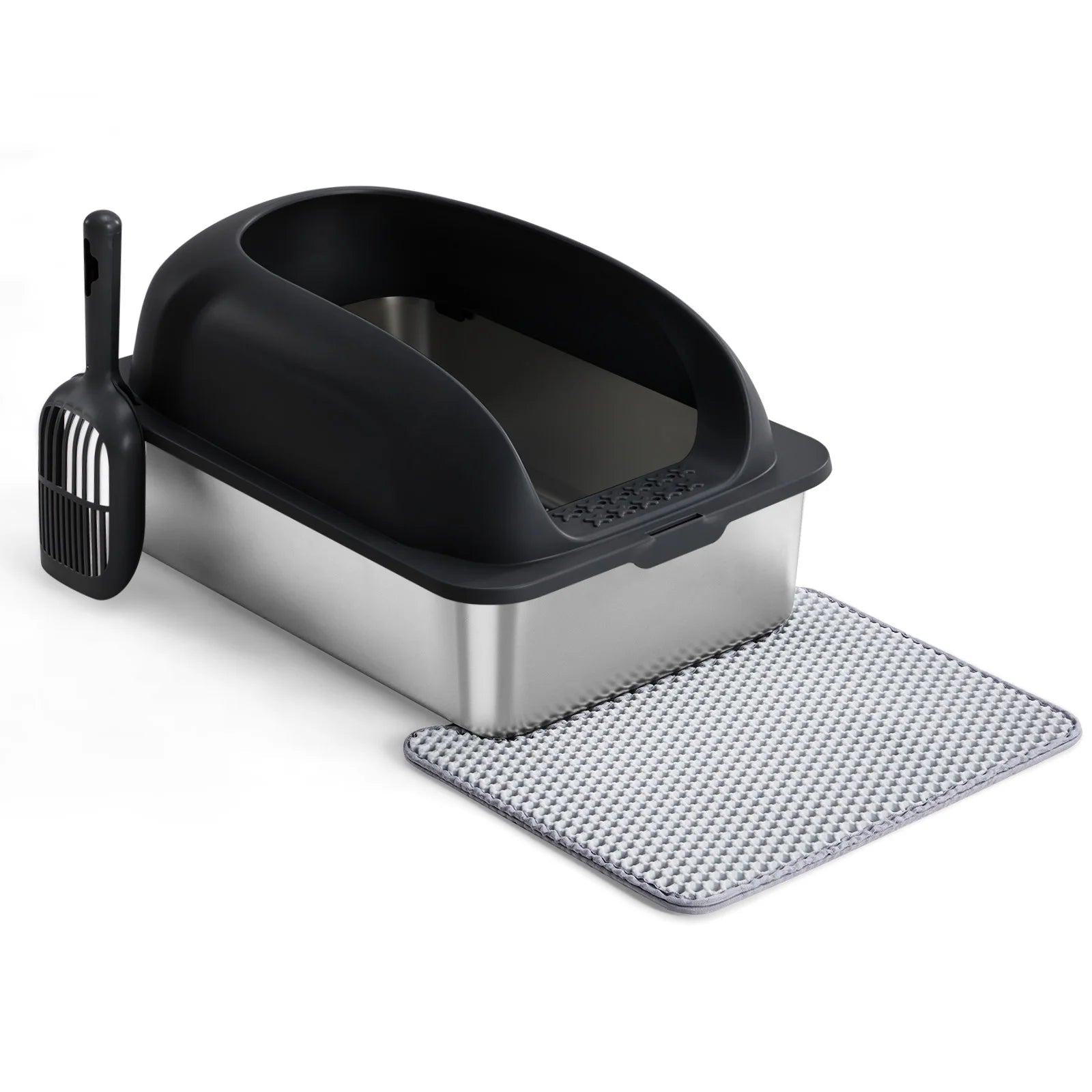 JHK Stainless 24IN Steel Cat Litter Box with Lid Large Cat Litter Box for Big Cats Anti-Urine Leakage Scoop and Mat Included - Barking & Purrfectly Happy