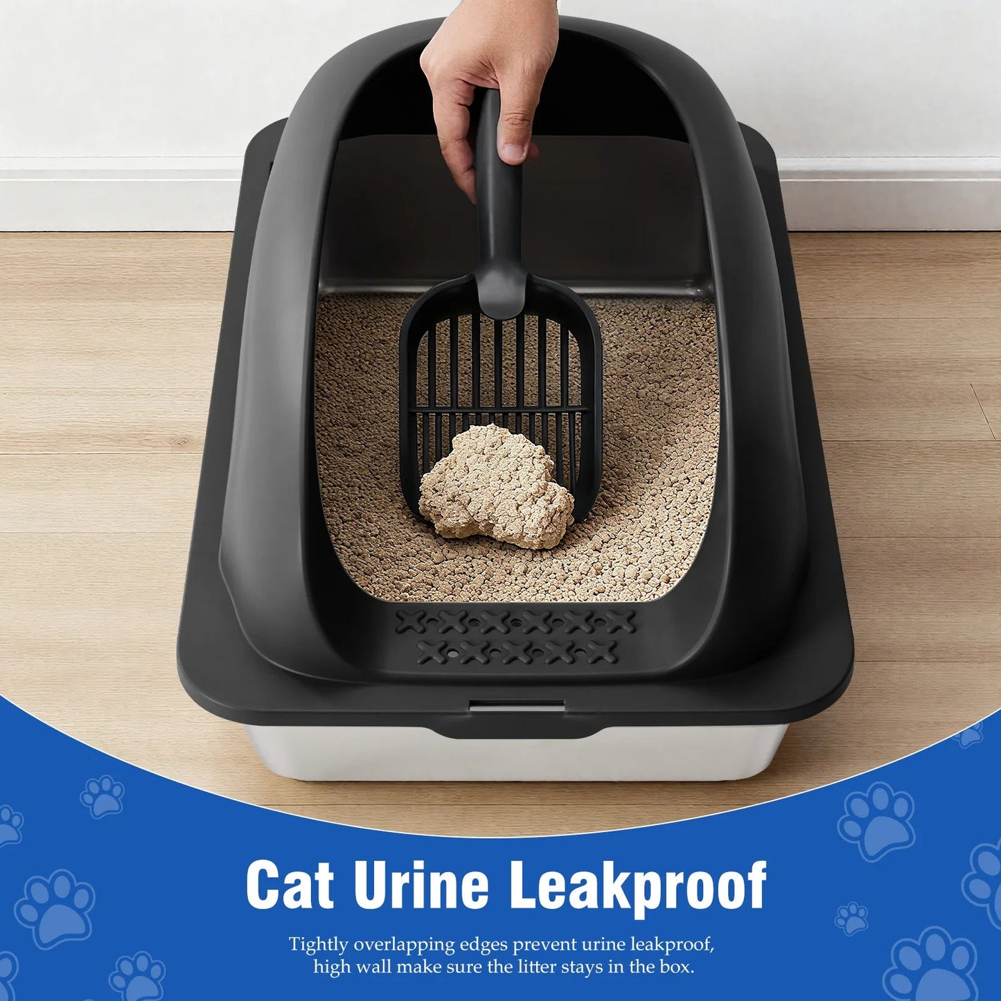 JHK Stainless 24IN Steel Cat Litter Box with Lid Large Cat Litter Box for Big Cats Anti-Urine Leakage Scoop and Mat Included - Barking & Purrfectly Happy