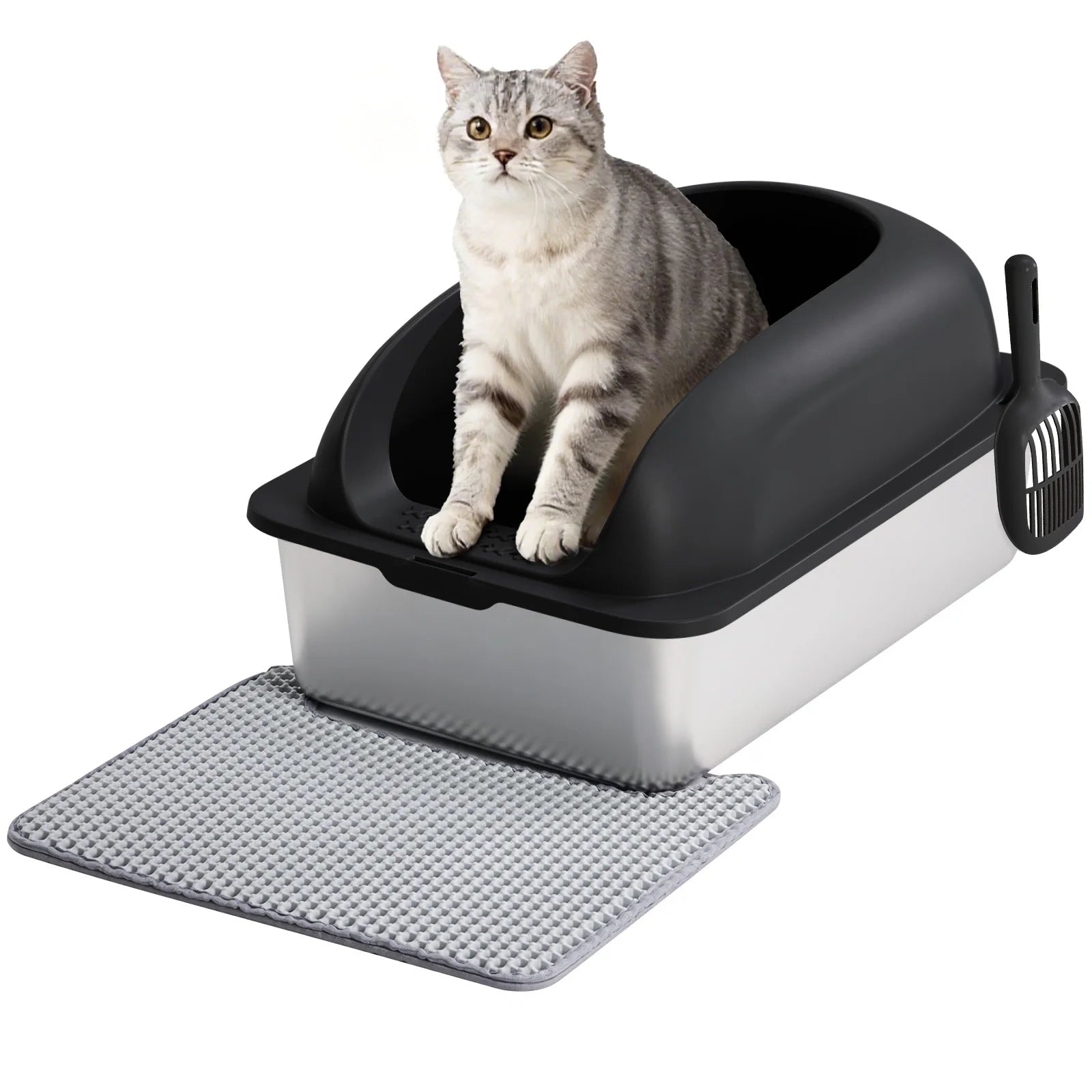 JHK Stainless 24IN Steel Cat Litter Box with Lid Large Cat Litter Box for Big Cats Anti-Urine Leakage Scoop and Mat Included - Barking & Purrfectly Happy