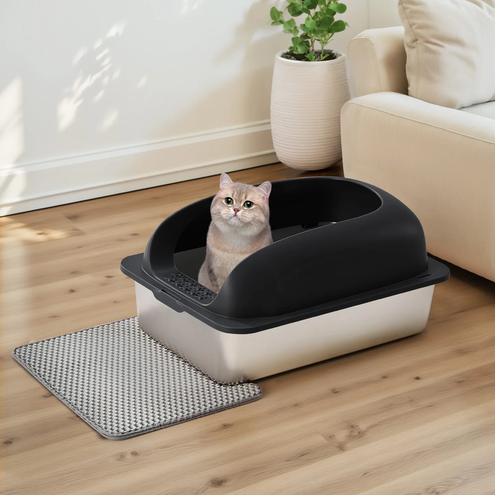 JHK Stainless 24IN Steel Cat Litter Box with Lid Large Cat Litter Box for Big Cats Anti-Urine Leakage Scoop and Mat Included - Barking & Purrfectly Happy