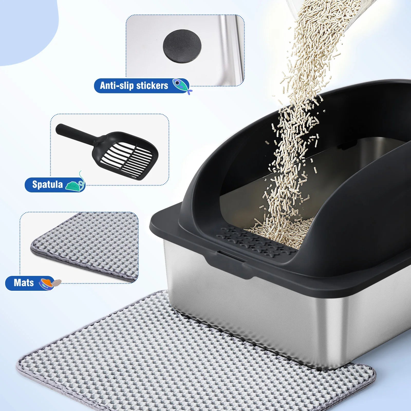 JHK Stainless 24IN Steel Cat Litter Box with Lid Large Cat Litter Box for Big Cats Anti-Urine Leakage Scoop and Mat Included - Barking & Purrfectly Happy