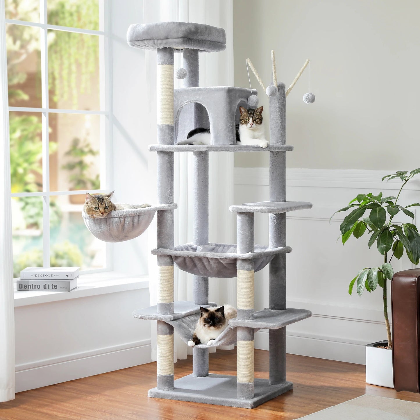 Large Cat Tree Tall Cat Tower for Indoor Cats Multi-Level Plush Cat Condo with Scratching Posts Scratching Boards Perches Caves - Barking & Purrfectly Happy