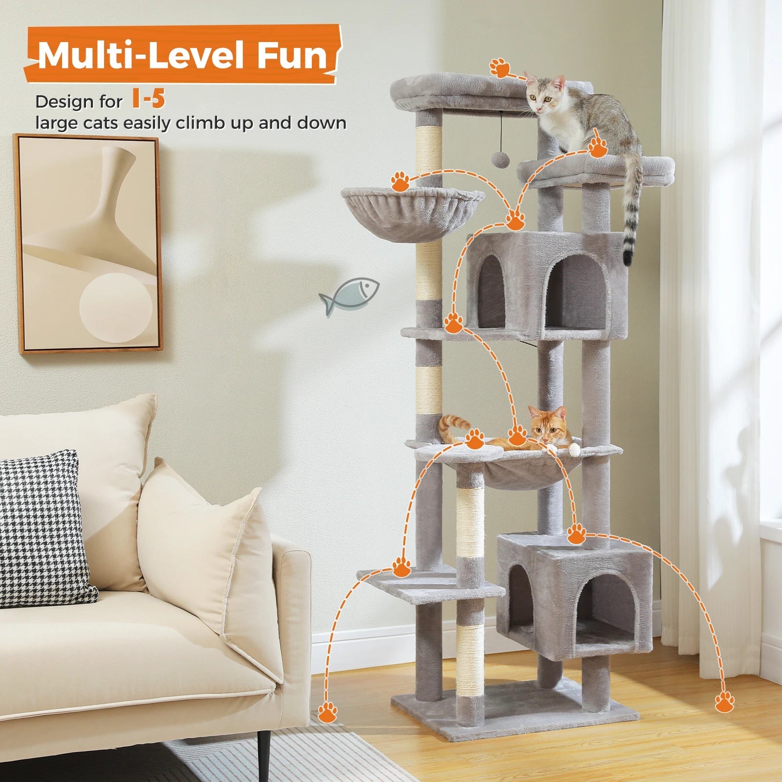 Large Cat Tree Tall Cat Tower for Indoor Cats Multi-Level Plush Cat Condo with Scratching Posts Scratching Boards Perches Caves - Barking & Purrfectly Happy