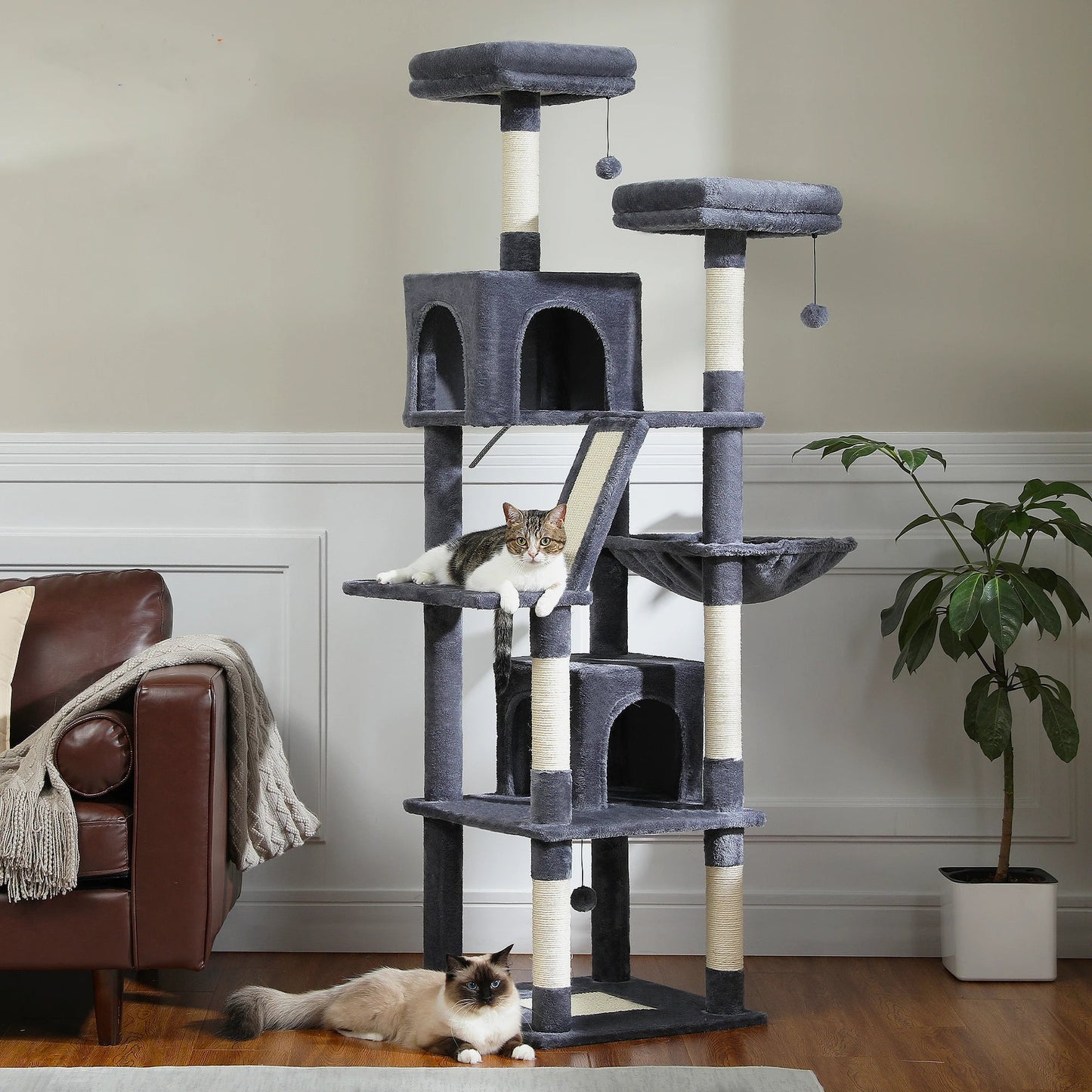 Large Cat Tree Tall Cat Tower for Indoor Cats Multi-Level Plush Cat Condo with Scratching Posts Scratching Boards Perches Caves - Barking & Purrfectly Happy