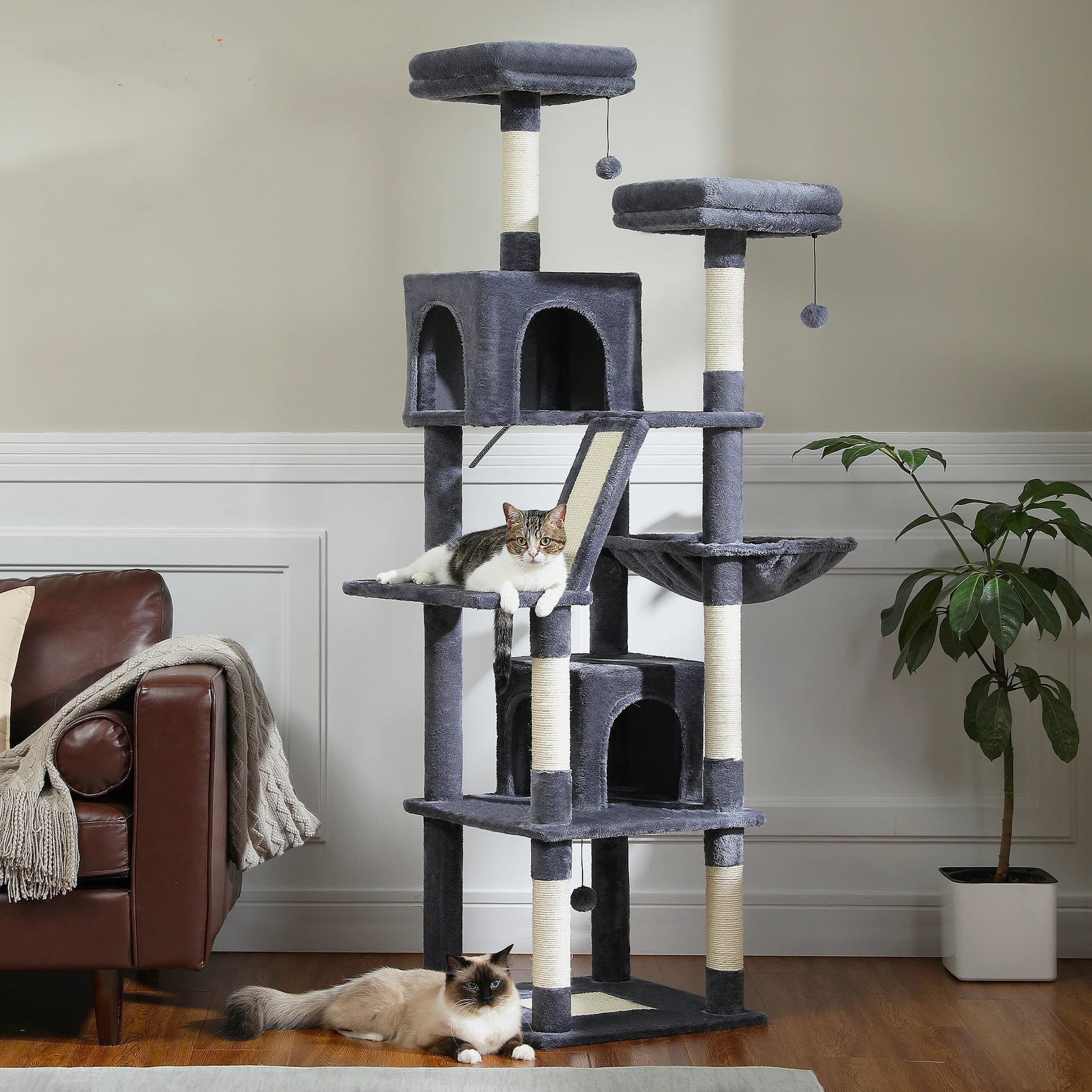 Large Cat Tree Tall Cat Tower for Indoor Cats Multi-Level Plush Cat Condo with Scratching Posts Scratching Boards Perches Caves - Barking & Purrfectly Happy