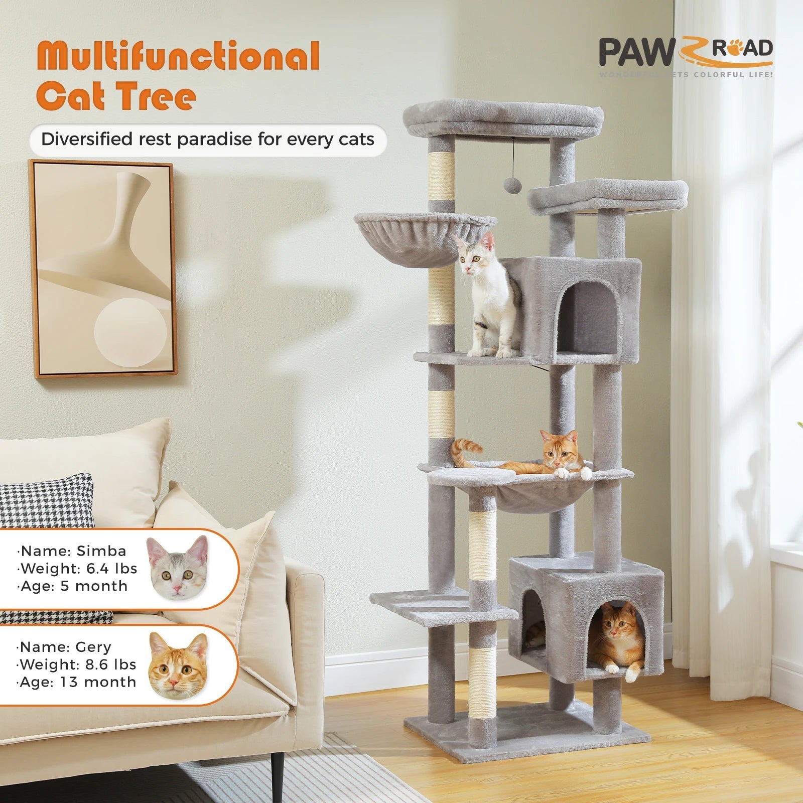 Large Cat Tree Tall Cat Tower for Indoor Cats Multi-Level Plush Cat Condo with Scratching Posts Scratching Boards Perches Caves - Barking & Purrfectly Happy