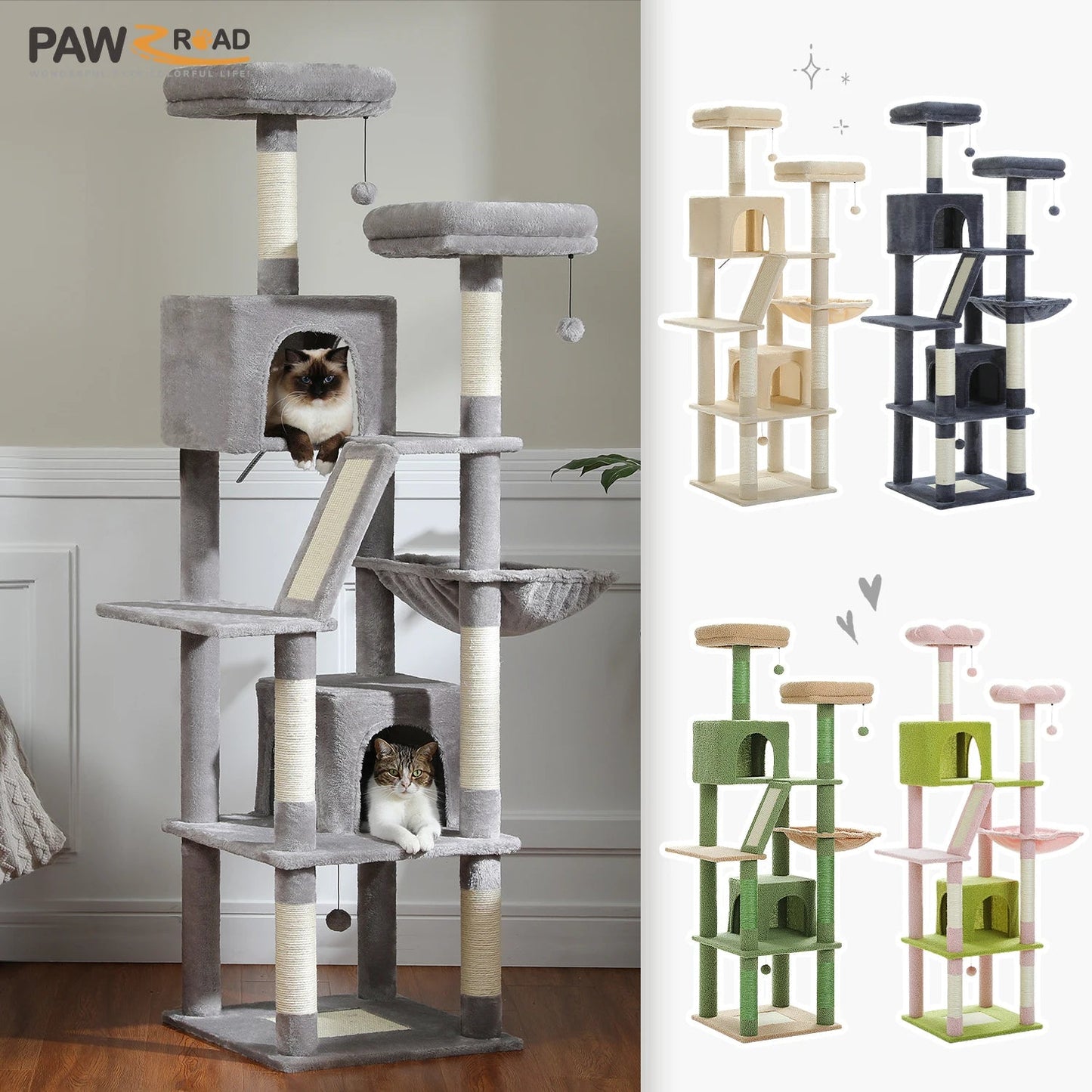 Large Cat Tree Tall Cat Tower for Indoor Cats Multi-Level Plush Cat Condo with Scratching Posts Scratching Boards Perches Caves - Barking & Purrfectly Happy