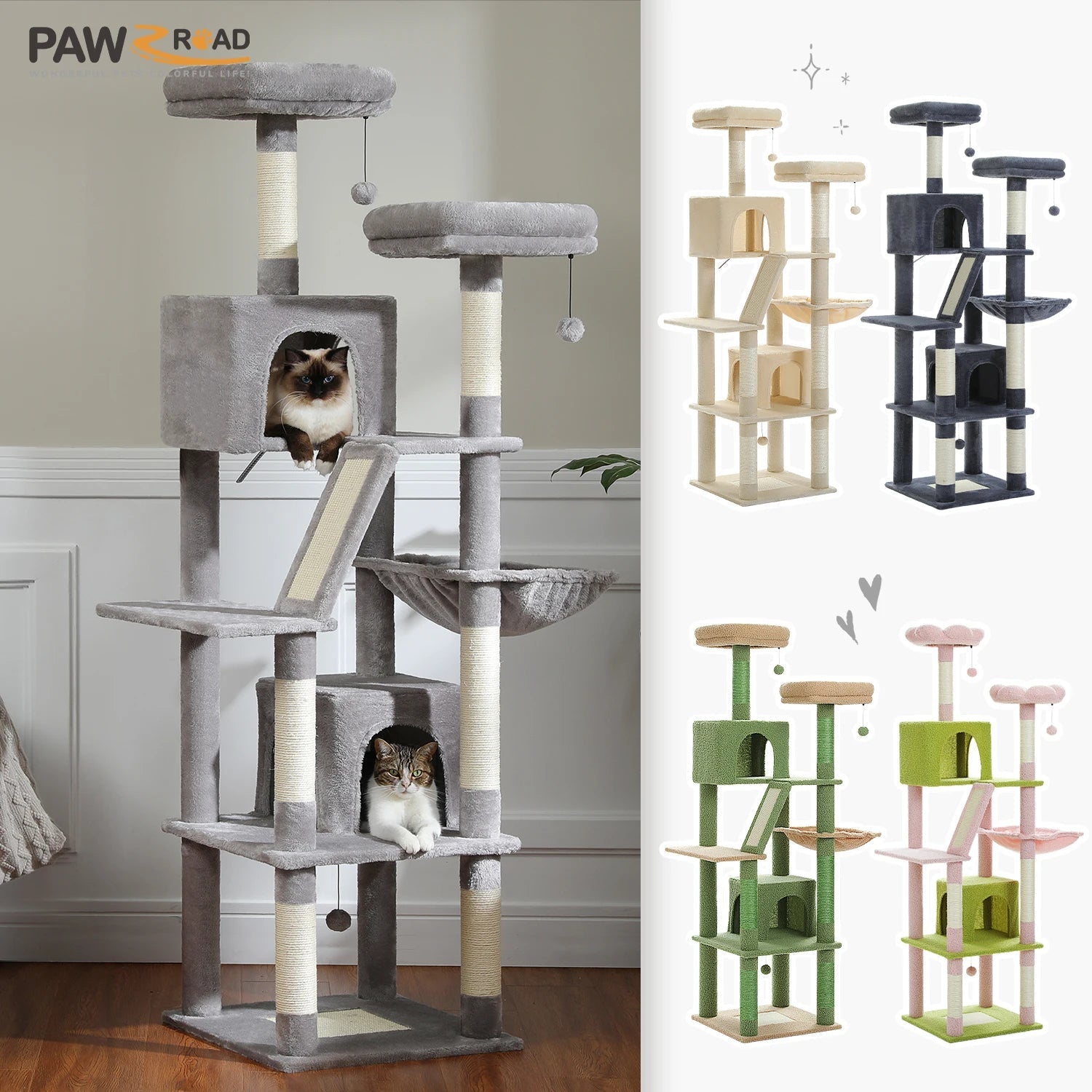 Large Cat Tree Tall Cat Tower for Indoor Cats Multi-Level Plush Cat Condo with Scratching Posts Scratching Boards Perches Caves - Barking & Purrfectly Happy
