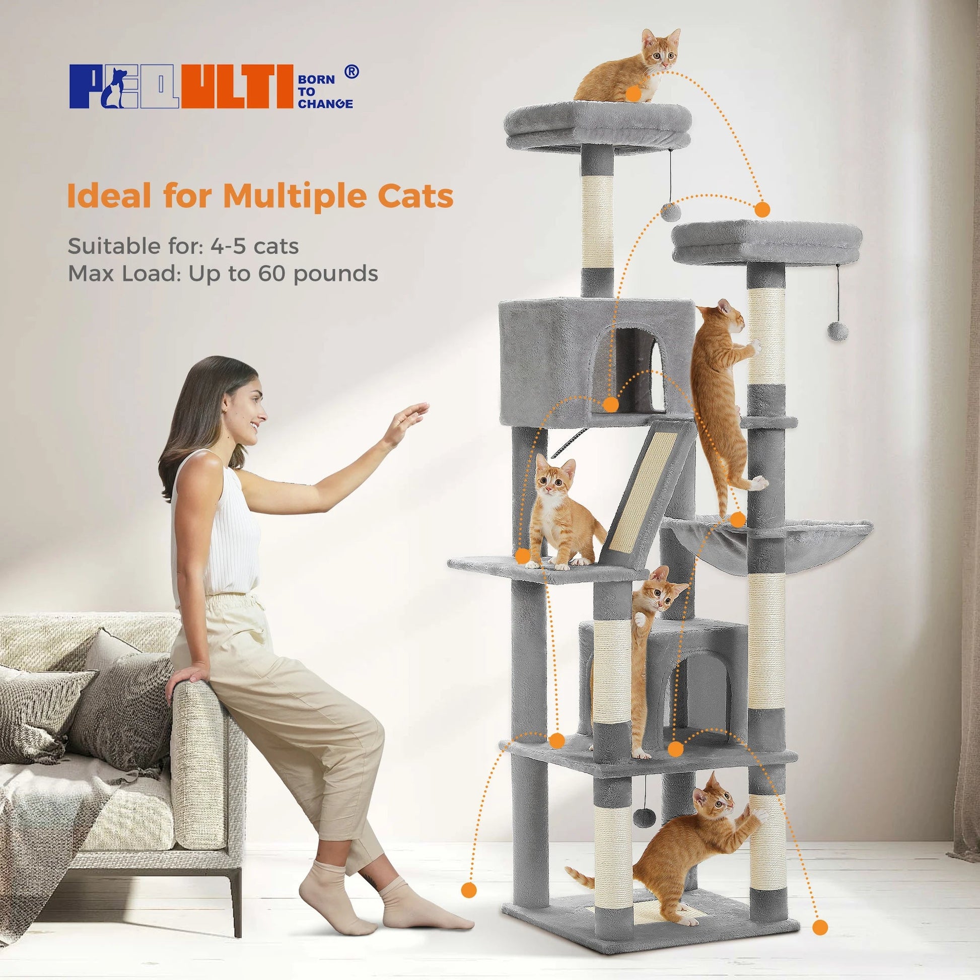 Large Cat Tree Tall Cat Tower for Indoor Cats Multi-Level Plush Cat Condo with Scratching Posts Scratching Boards Perches Caves - Barking & Purrfectly Happy