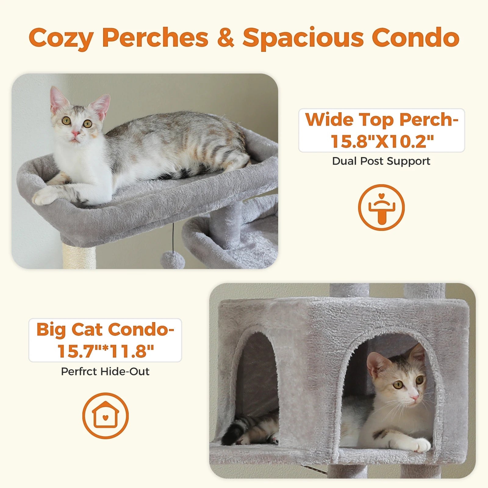 Large Cat Tree Tall Cat Tower for Indoor Cats Multi-Level Plush Cat Condo with Scratching Posts Scratching Boards Perches Caves - Barking & Purrfectly Happy