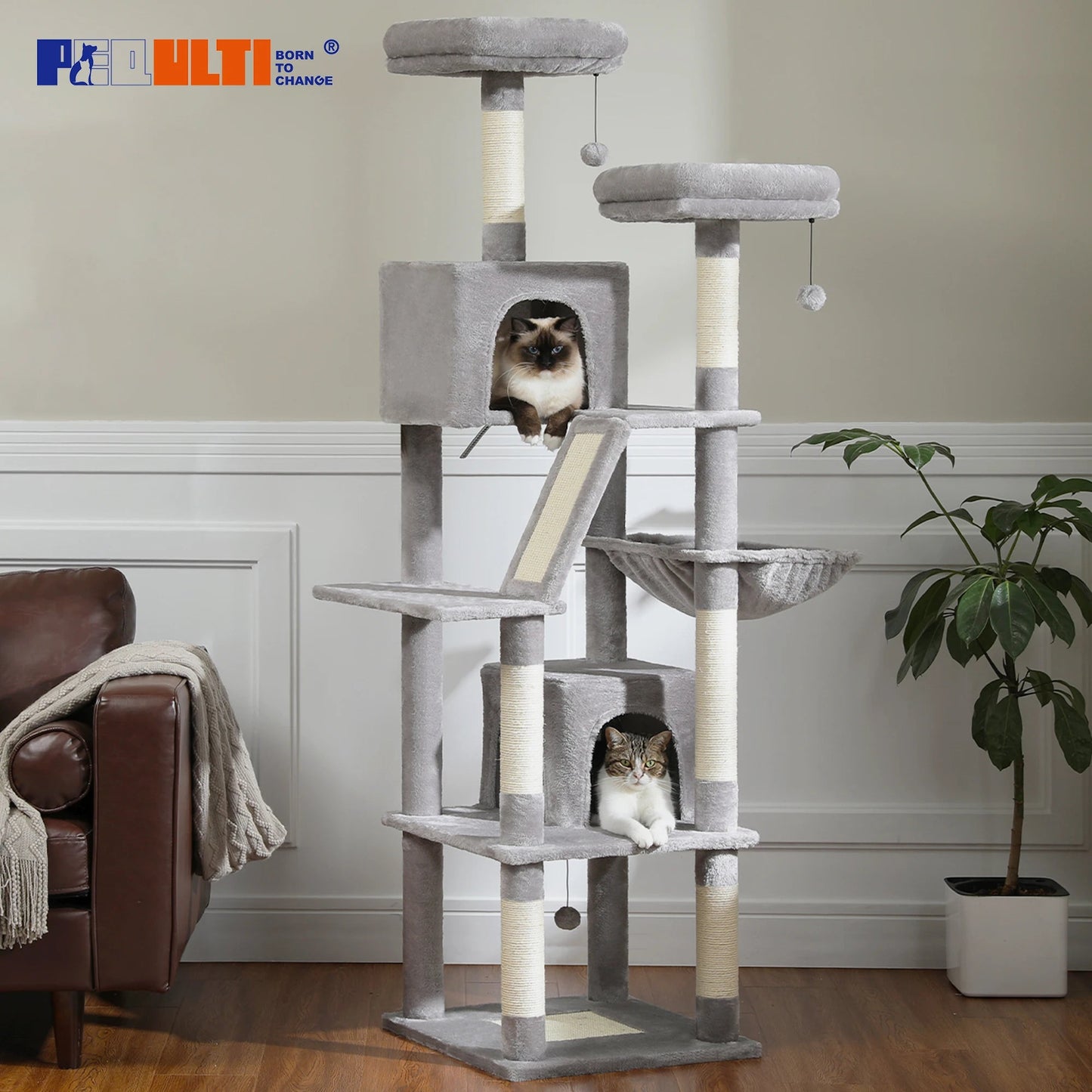 Large Cat Tree Tall Cat Tower for Indoor Cats Multi-Level Plush Cat Condo with Scratching Posts Scratching Boards Perches Caves - Barking & Purrfectly Happy