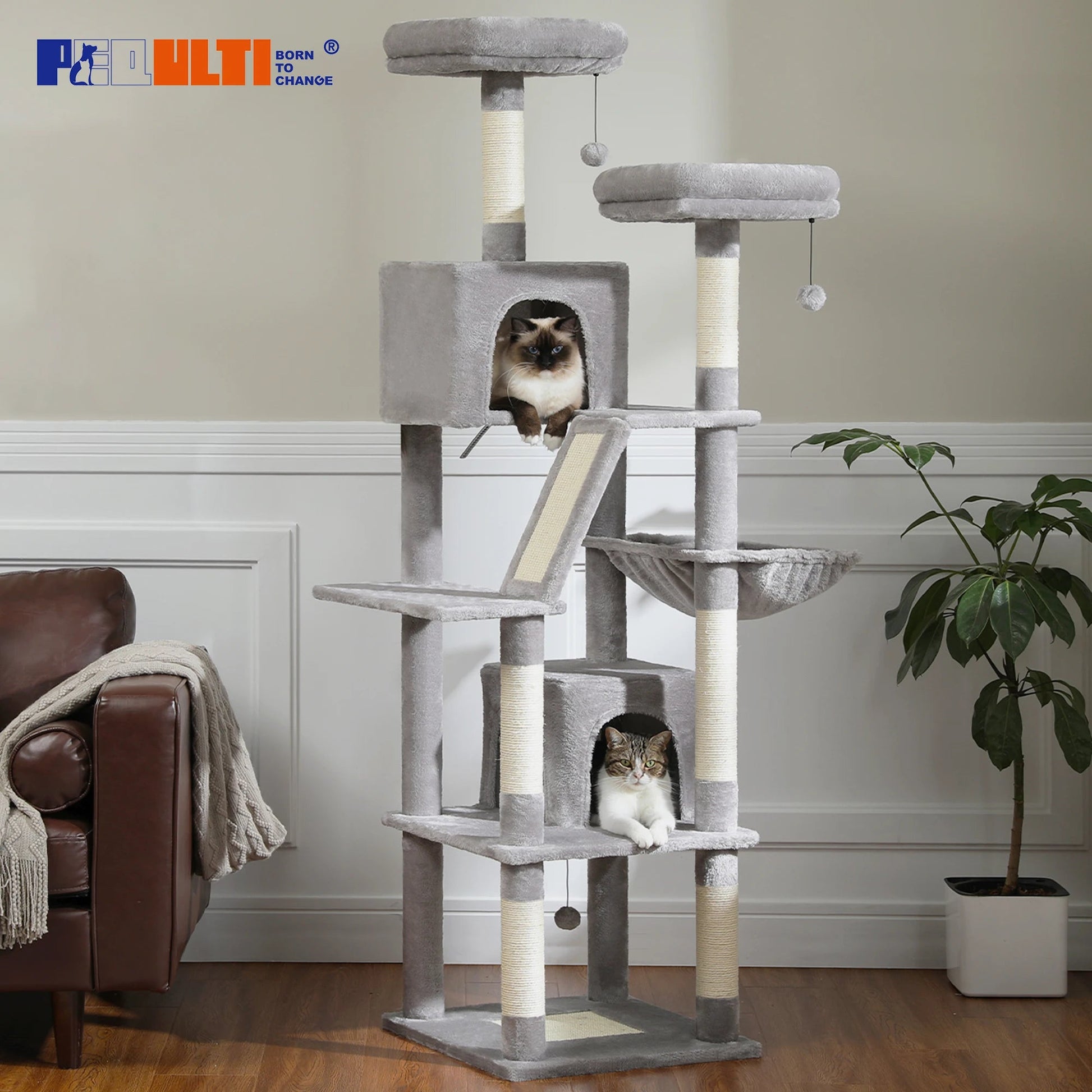 Large Cat Tree Tall Cat Tower for Indoor Cats Multi-Level Plush Cat Condo with Scratching Posts Scratching Boards Perches Caves - Barking & Purrfectly Happy