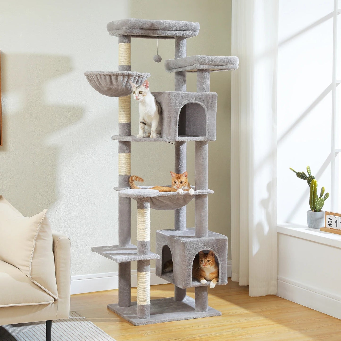 Large Cat Tree Tall Cat Tower for Indoor Cats Multi-Level Plush Cat Condo with Scratching Posts Scratching Boards Perches Caves - Barking & Purrfectly Happy