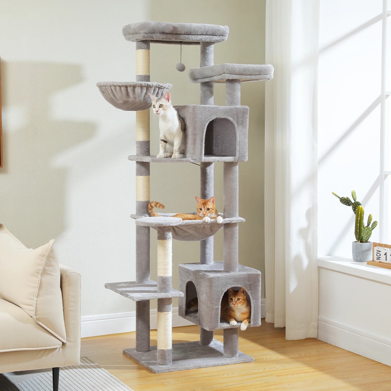 Large Cat Tree Tall Cat Tower for Indoor Cats Multi-Level Plush Cat Condo with Scratching Posts Scratching Boards Perches Caves - Barking & Purrfectly Happy