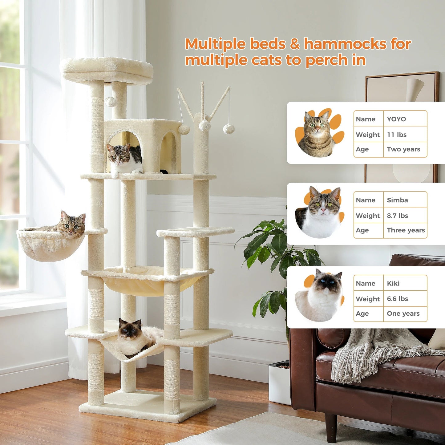 Large Cat Tree Tall Cat Tower for Indoor Cats Multi-Level Plush Cat Condo with Scratching Posts Scratching Boards Perches Caves - Barking & Purrfectly Happy