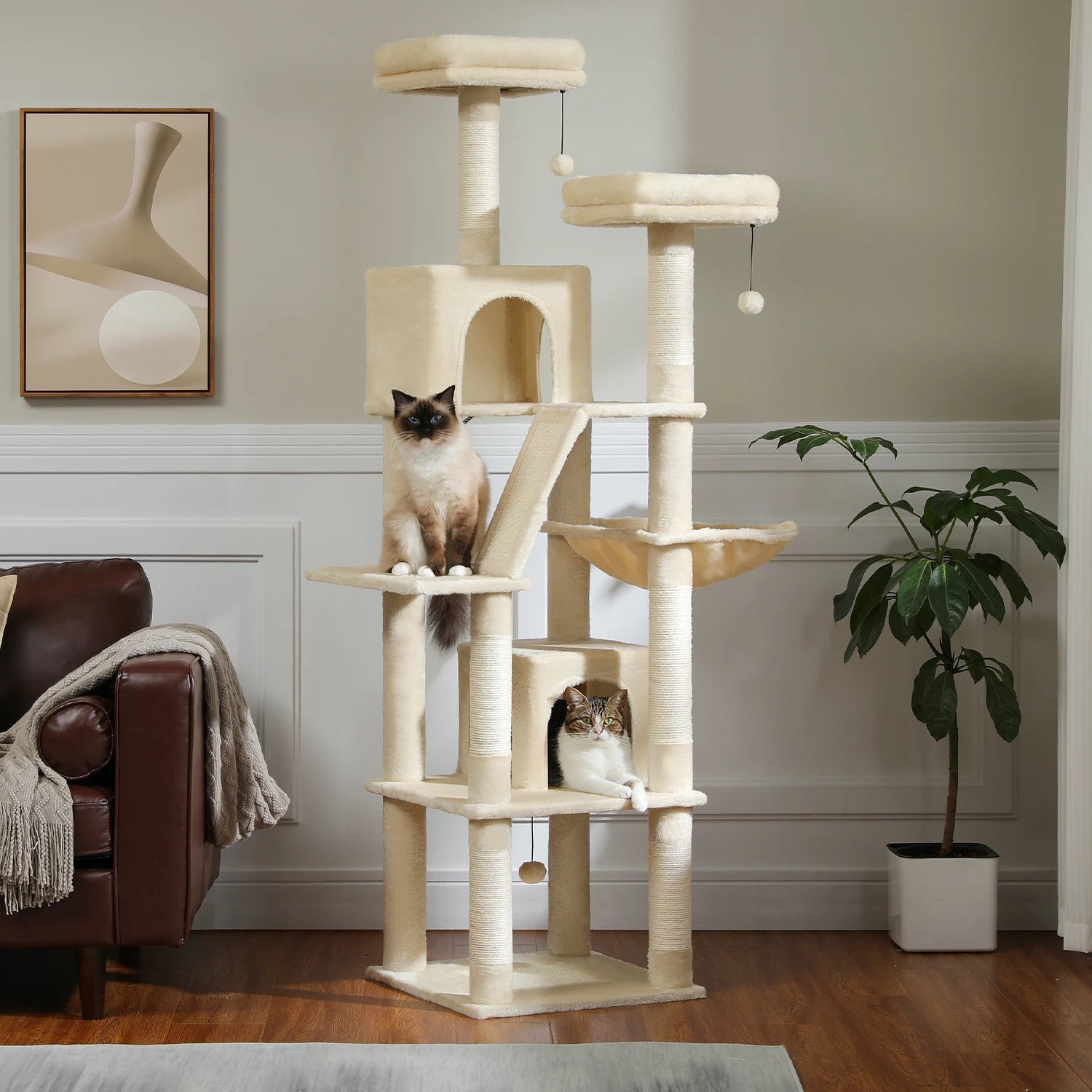 Large Cat Tree Tall Cat Tower for Indoor Cats Multi-Level Plush Cat Condo with Scratching Posts Scratching Boards Perches Caves - Barking & Purrfectly Happy