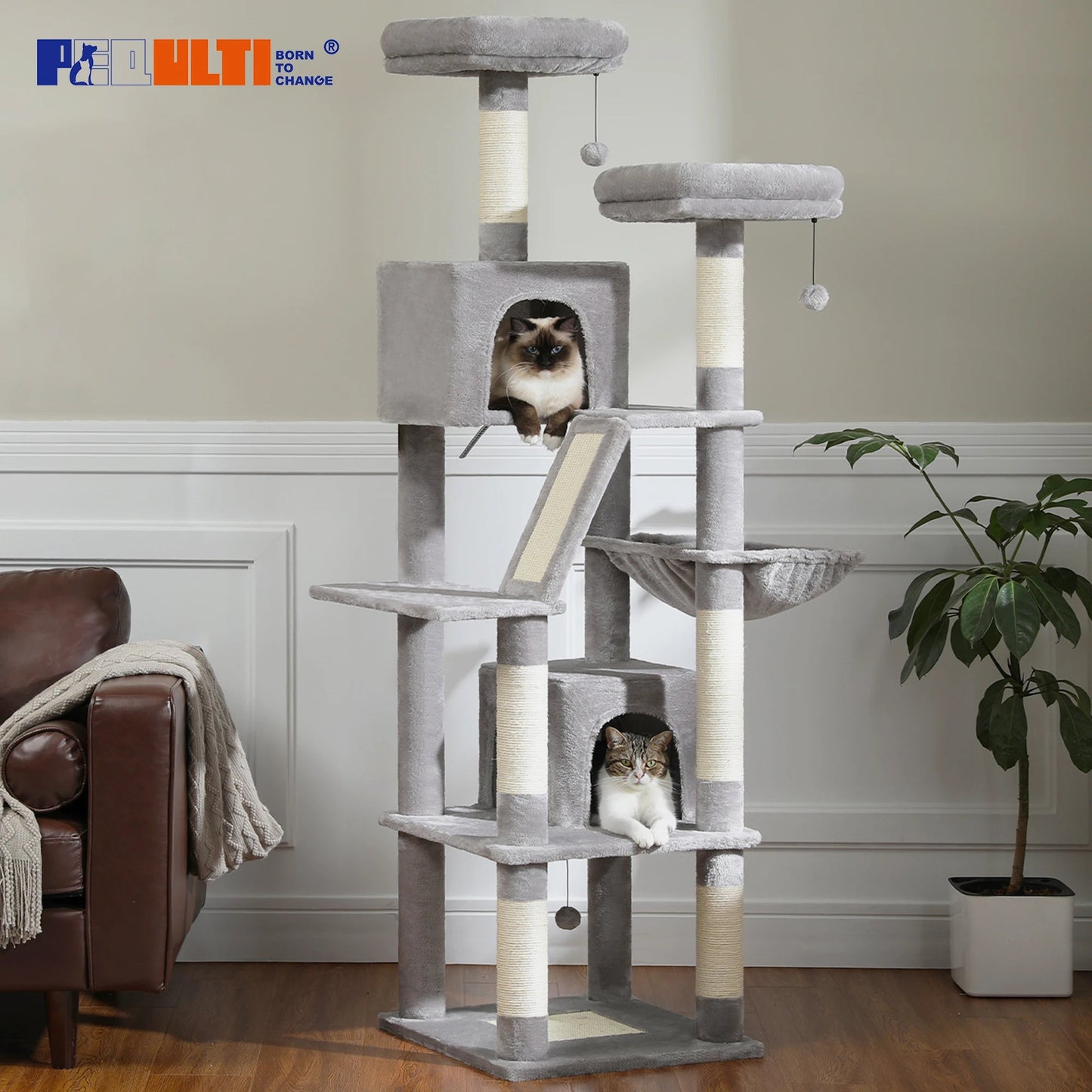 Large Cat Tree Tall Cat Tower for Indoor Cats Multi-Level Plush Cat Condo with Scratching Posts Scratching Boards Perches Caves - Barking & Purrfectly Happy