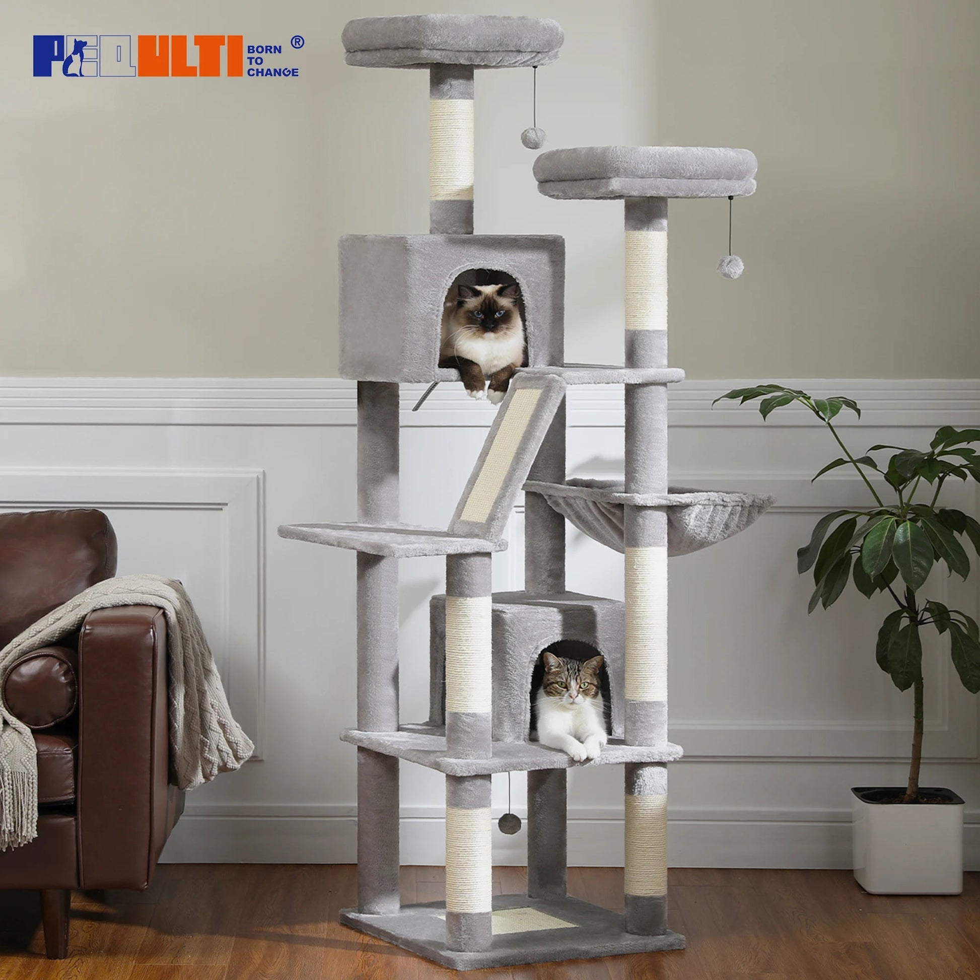 Large Cat Tree Tall Cat Tower for Indoor Cats Multi-Level Plush Cat Condo with Scratching Posts Scratching Boards Perches Caves - Barking & Purrfectly Happy