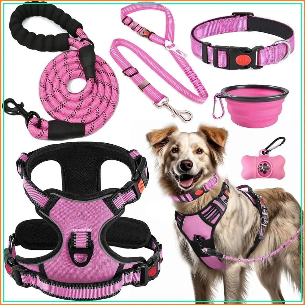 No Pull Dog Harness, Collar & Leash Set with Seat Belt, Bowls & Poop Bag Dispenser for Training, Walking, Hiking, Small to Large Dogs (Pink-L) - Barking & Purrfectly Happy