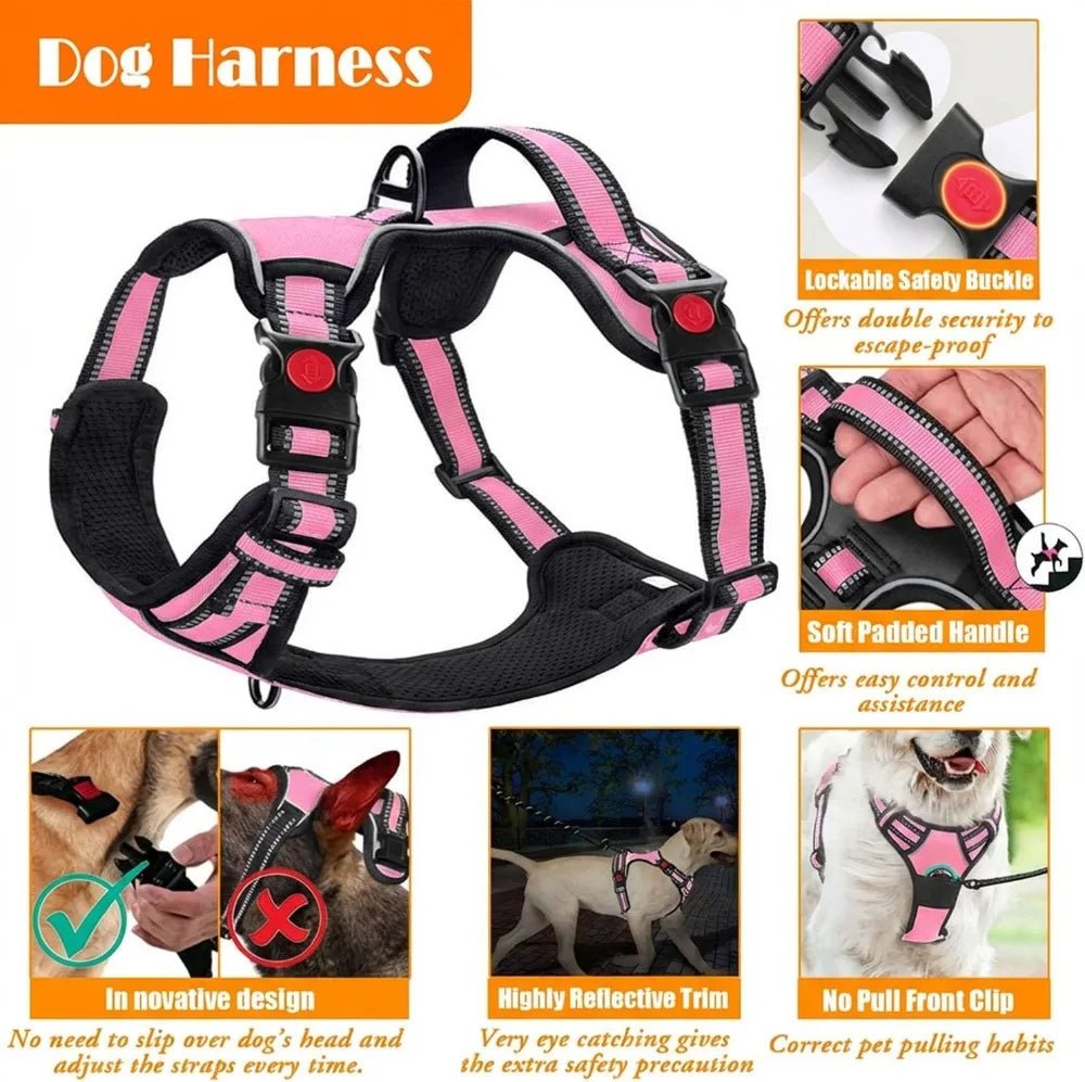 No Pull Dog Harness, Collar & Leash Set with Seat Belt, Bowls & Poop Bag Dispenser for Training, Walking, Hiking, Small to Large Dogs (Pink-L) - Barking & Purrfectly Happy
