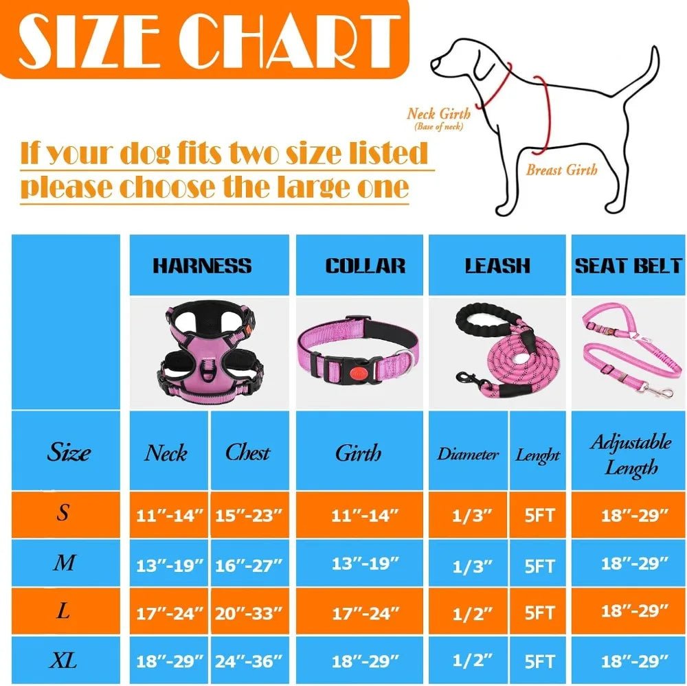 No Pull Dog Harness, Collar & Leash Set with Seat Belt, Bowls & Poop Bag Dispenser for Training, Walking, Hiking, Small to Large Dogs (Pink-L) - Barking & Purrfectly Happy