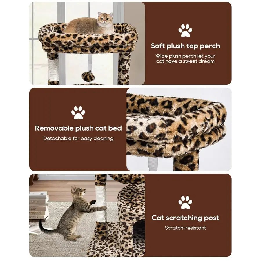 Small Leopard Print Cat Tree for Indoor Cats, Cat Tower with Scratching Post, Modern Cat House with Padded Perch, Kittens Condo - Barking & Purrfectly Happy