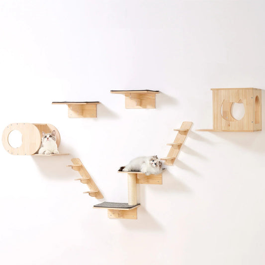 SucceBuy Wall Mounted Cat Shelves Cat Wall Shelves and Perches with Jumping Boards Hammocks & Cat Tree Cat Furniture and Shelves - Barking & Purrfectly Happy