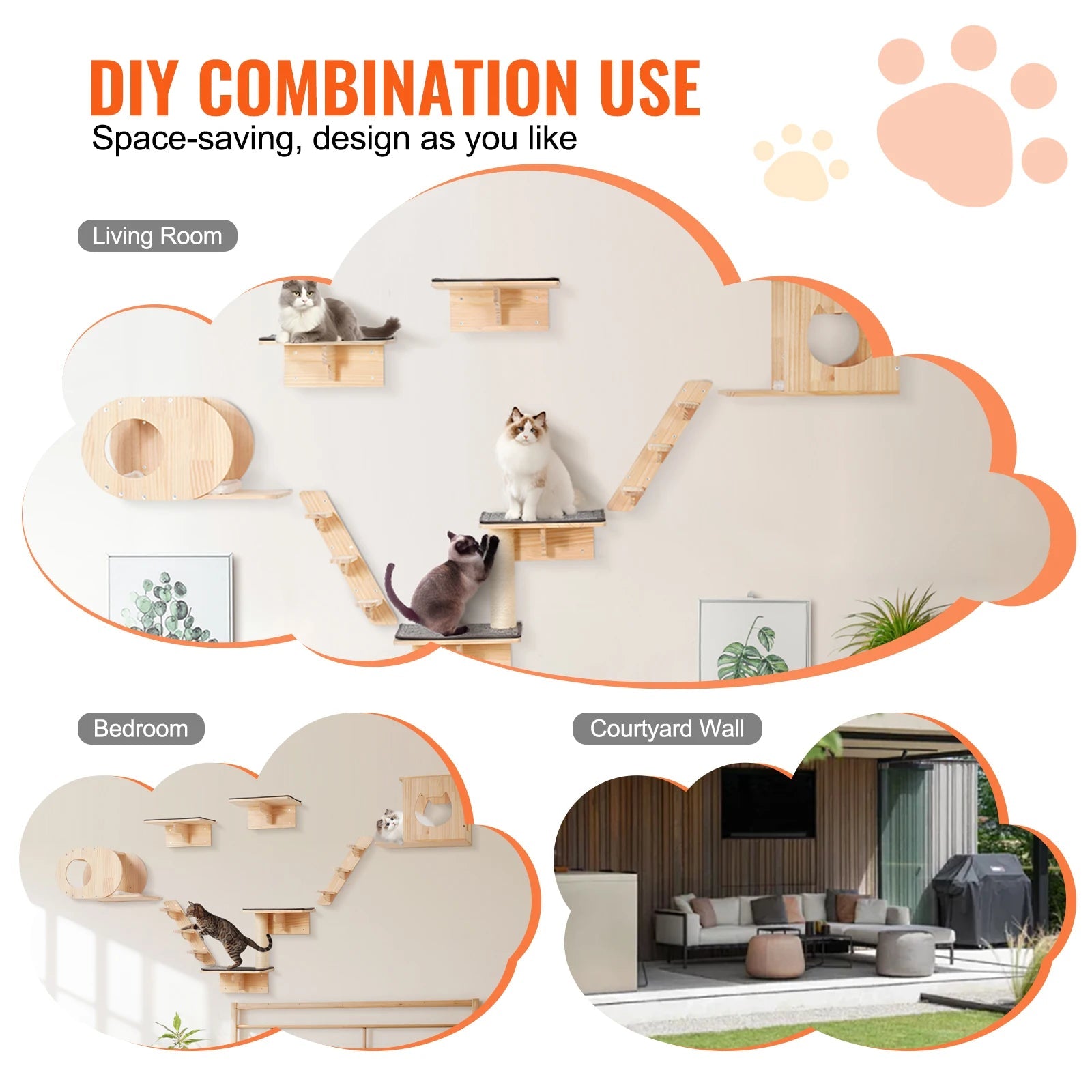 SucceBuy Wall Mounted Cat Shelves Cat Wall Shelves and Perches with Jumping Boards Hammocks & Cat Tree Cat Furniture and Shelves - Barking & Purrfectly Happy