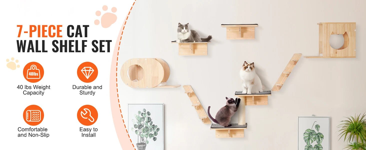 SucceBuy Wall Mounted Cat Shelves Cat Wall Shelves and Perches with Jumping Boards Hammocks & Cat Tree Cat Furniture and Shelves - Barking & Purrfectly Happy