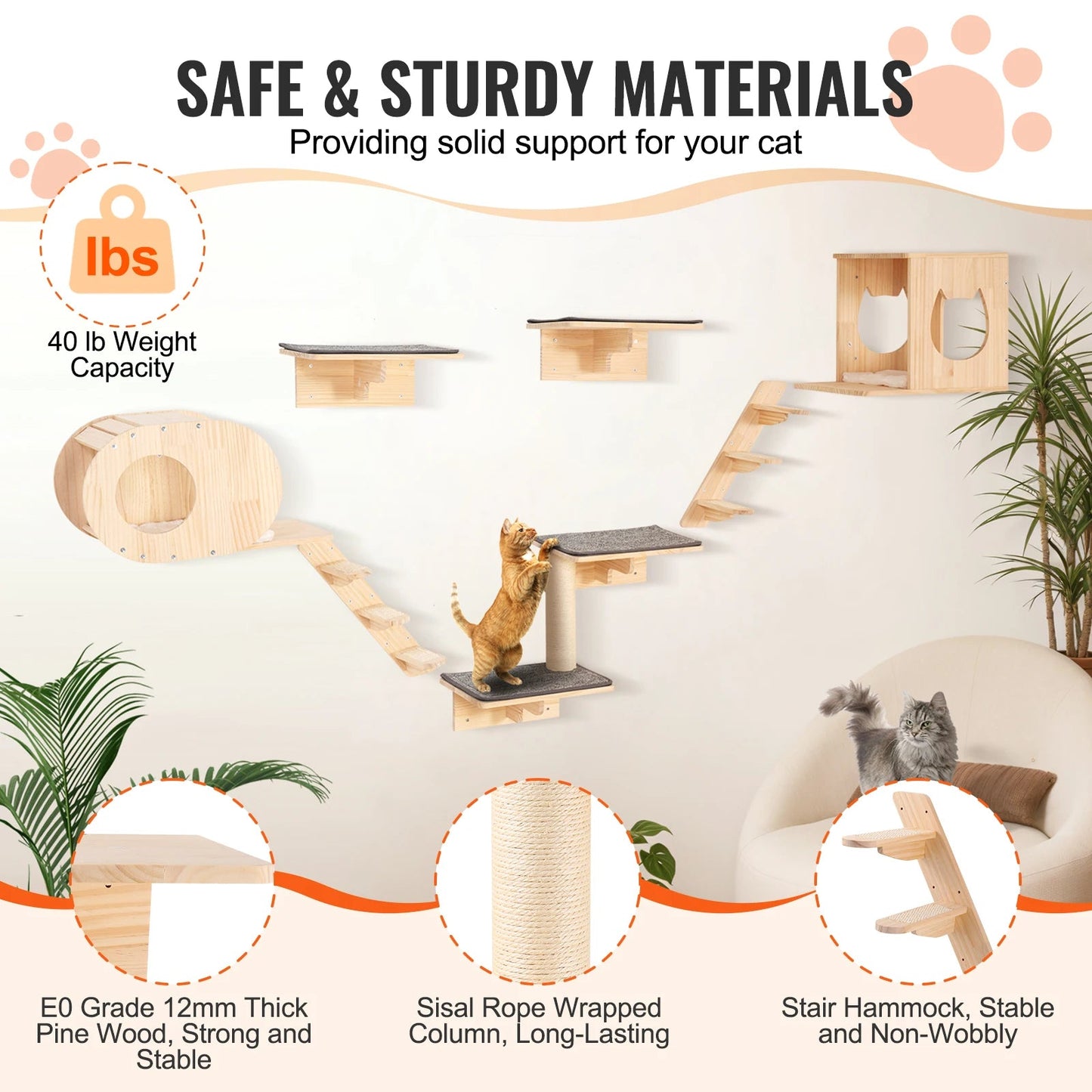 SucceBuy Wall Mounted Cat Shelves Cat Wall Shelves and Perches with Jumping Boards Hammocks & Cat Tree Cat Furniture and Shelves - Barking & Purrfectly Happy