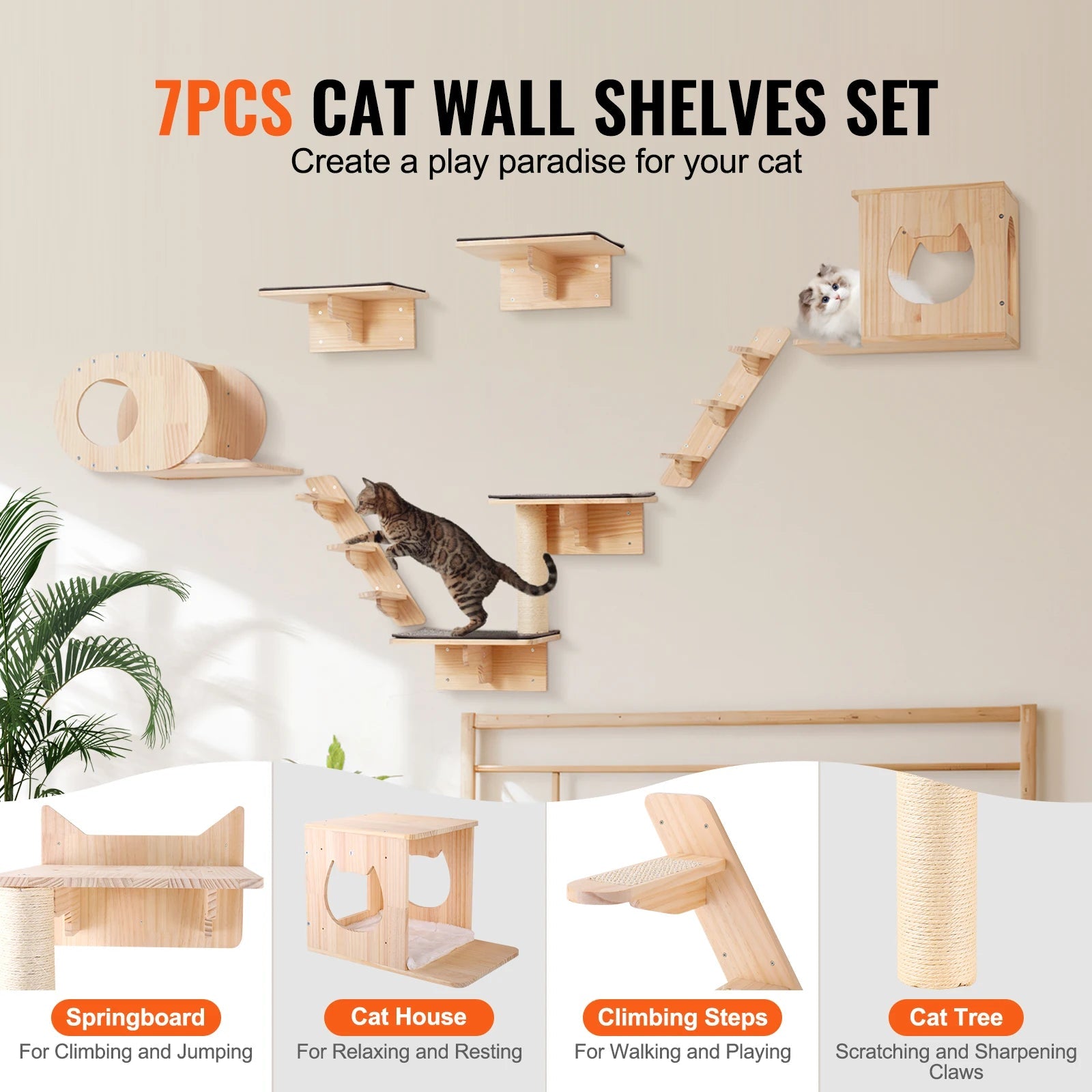 SucceBuy Wall Mounted Cat Shelves Cat Wall Shelves and Perches with Jumping Boards Hammocks & Cat Tree Cat Furniture and Shelves - Barking & Purrfectly Happy