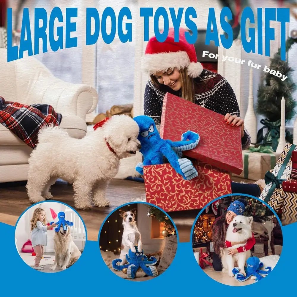 Tough Dog Toys, Stued Chew Large Dog Toys to Keep Them Busy, Interactive Squeaky Tug o War De Toy, Crinkle Blue Plus - Barking & Purrfectly Happy