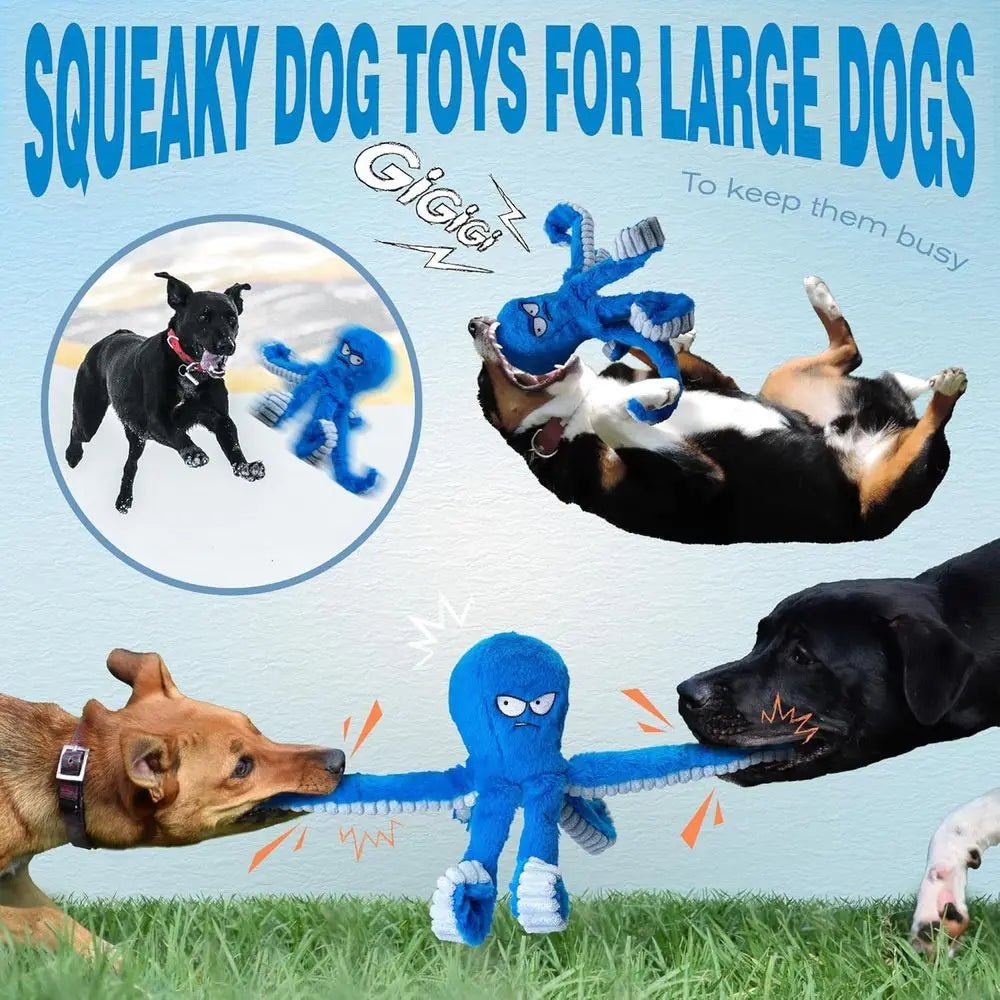 Tough Dog Toys, Stued Chew Large Dog Toys to Keep Them Busy, Interactive Squeaky Tug o War De Toy, Crinkle Blue Plus - Barking & Purrfectly Happy