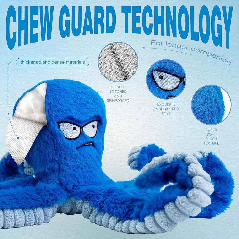 Tough Dog Toys, Stued Chew Large Dog Toys to Keep Them Busy, Interactive Squeaky Tug o War De Toy, Crinkle Blue Plus - Barking & Purrfectly Happy