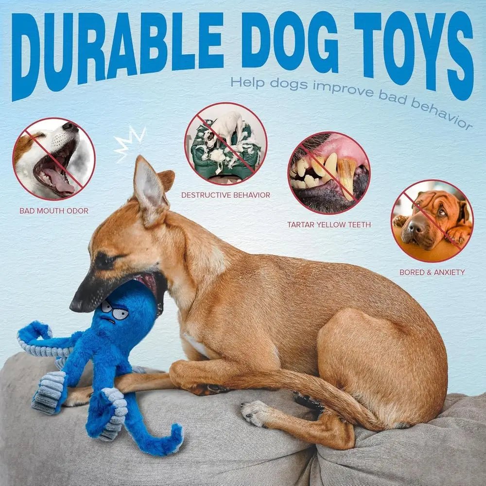 Tough Dog Toys, Stued Chew Large Dog Toys to Keep Them Busy, Interactive Squeaky Tug o War De Toy, Crinkle Blue Plus - Barking & Purrfectly Happy