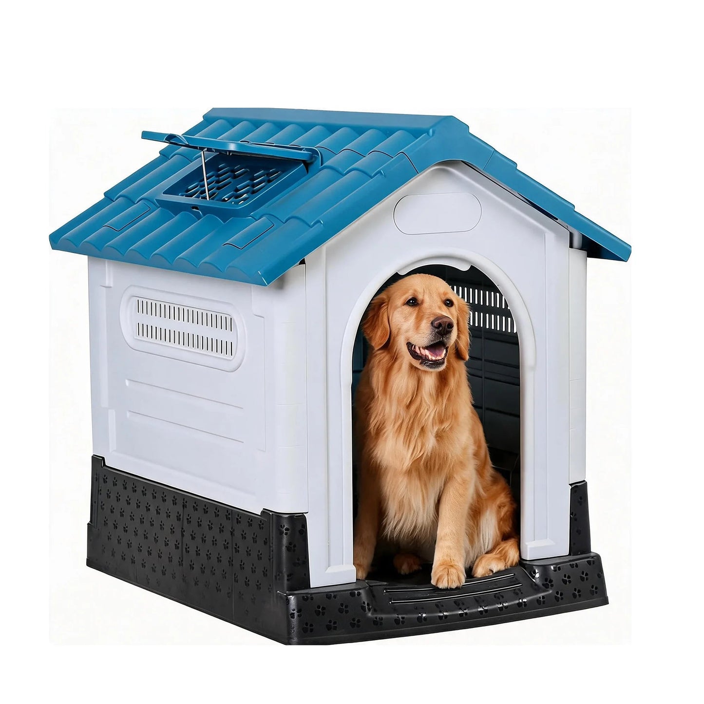 Waterproof Outdoor Dog House With Ventilation, Raised Floor And Openable Roof, Large Plastic Pet Shelter For Medium Dogs - Barking & Purrfectly Happy