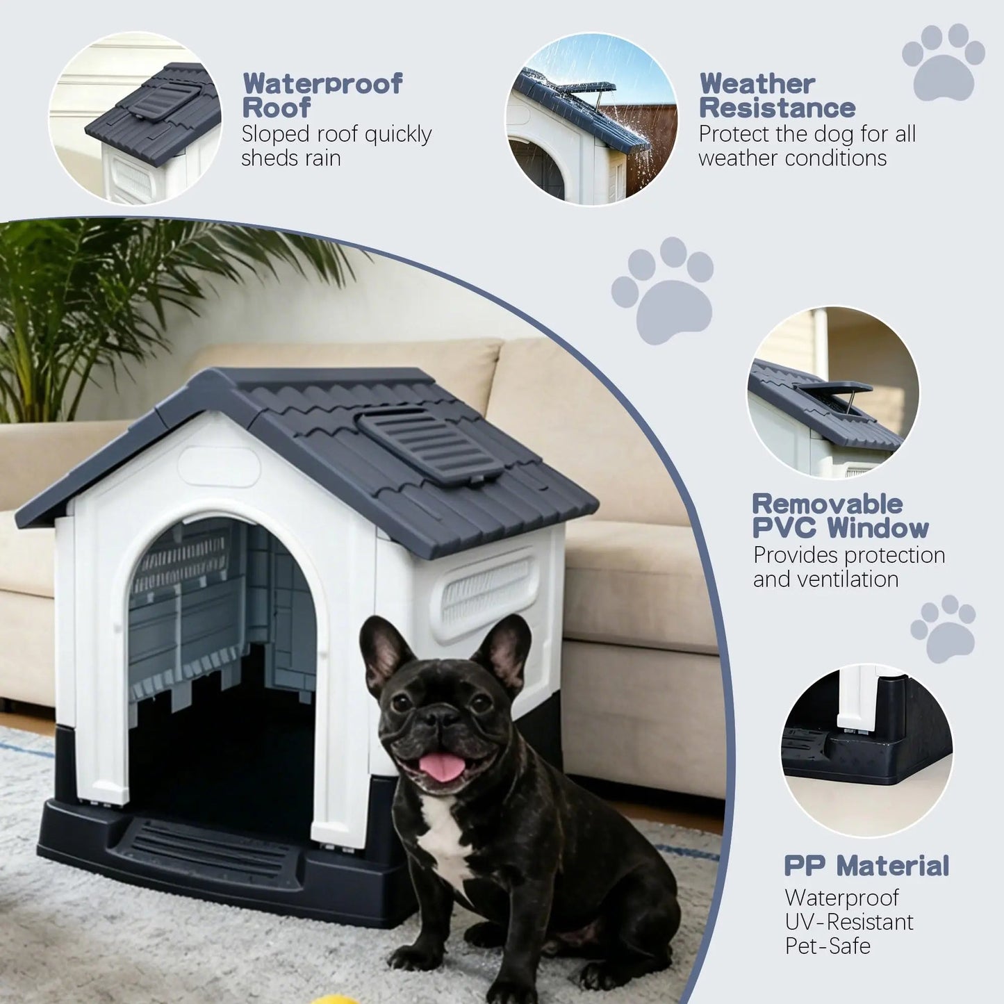 Waterproof Outdoor Dog House With Ventilation, Raised Floor And Openable Roof, Large Plastic Pet Shelter For Medium Dogs - Barking & Purrfectly Happy