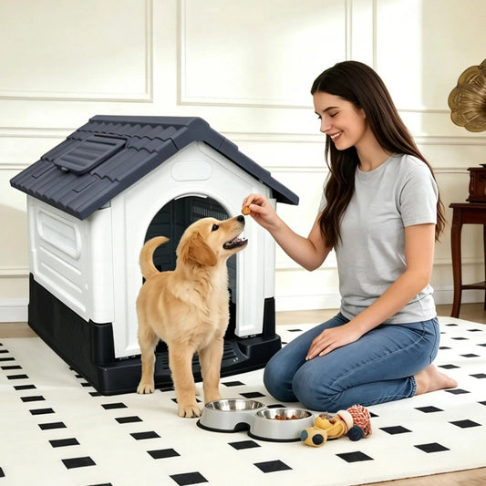 Waterproof Outdoor Dog House With Ventilation, Raised Floor And Openable Roof, Large Plastic Pet Shelter For Medium Dogs - Barking & Purrfectly Happy