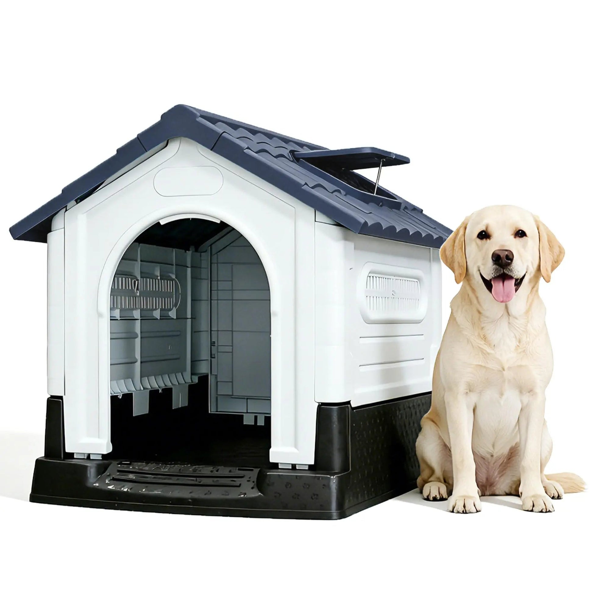 Waterproof Outdoor Dog House With Ventilation, Raised Floor And Openable Roof, Large Plastic Pet Shelter For Medium Dogs - Barking & Purrfectly Happy