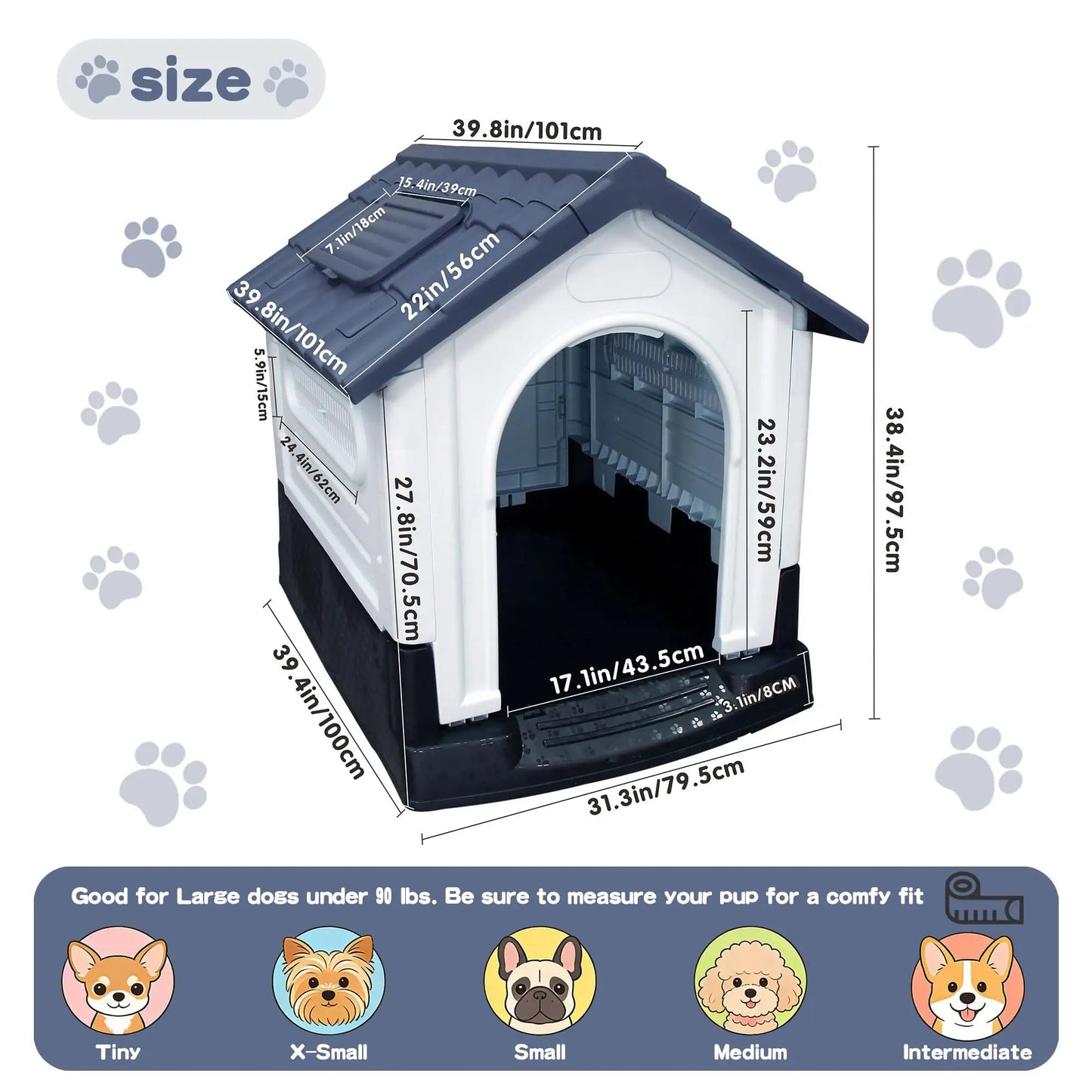 Waterproof Outdoor Dog House With Ventilation, Raised Floor And Openable Roof, Large Plastic Pet Shelter For Medium Dogs - Barking & Purrfectly Happy