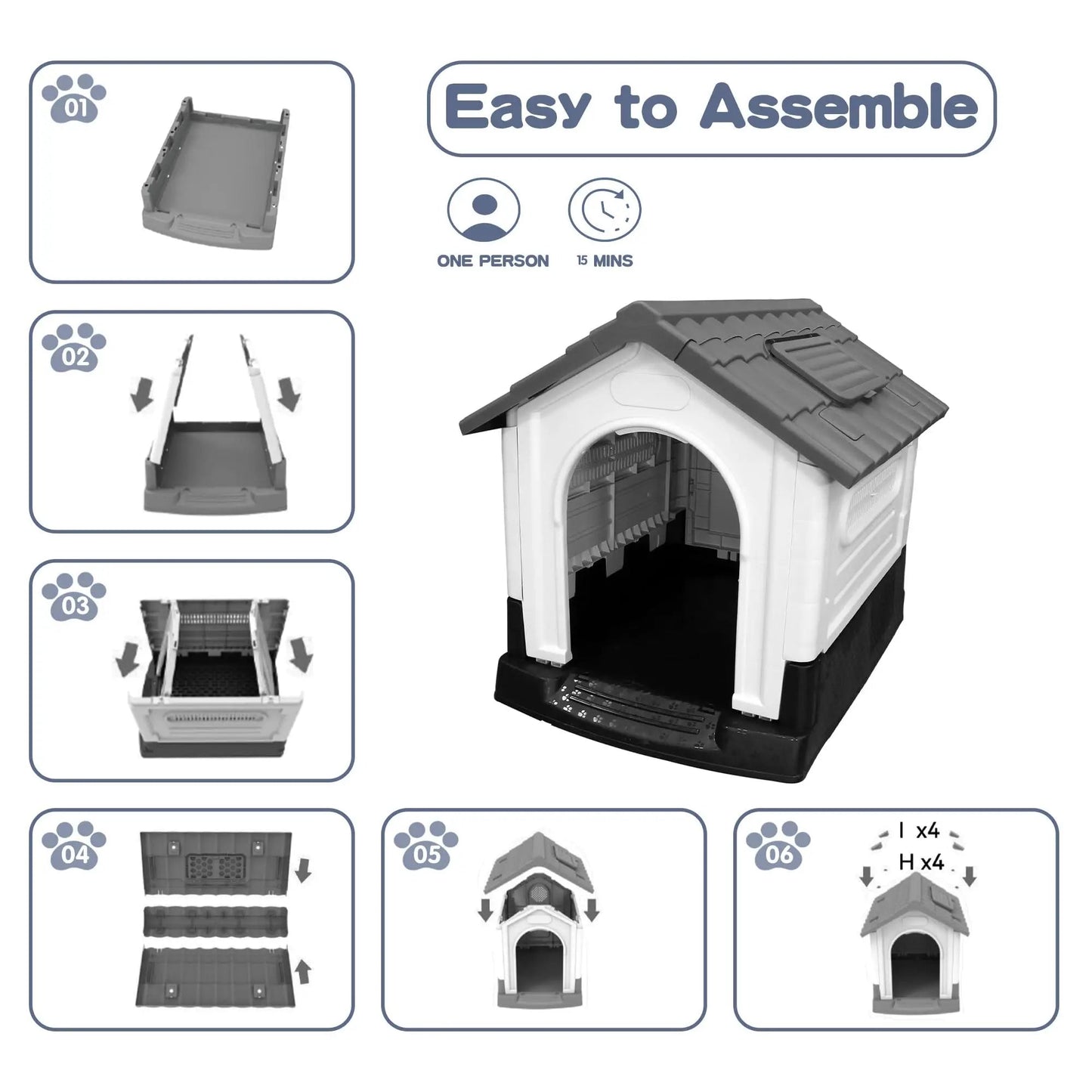 Waterproof Outdoor Dog House With Ventilation, Raised Floor And Openable Roof, Large Plastic Pet Shelter For Medium Dogs - Barking & Purrfectly Happy